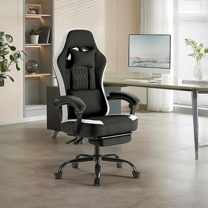 Sweetcrispy Computer Gaming Chair - High Back Ergonomic Desk Chair with Footrest and Lumbar Support, Height Adjustable Task Chair with Linkage Armrests and Headrest, 360° Swivel Wheels, Black