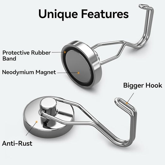Tohoer Magnetic Hooks, 100LBS Neodymium Magnets Hook Heavy Duty with Rust Proof for Fridge, Refrigerator, Oven, Grill, BBQ, Key, Tools Holder, Kitchen, Outdoor, Hanging Wreaths, Utensil Hangers