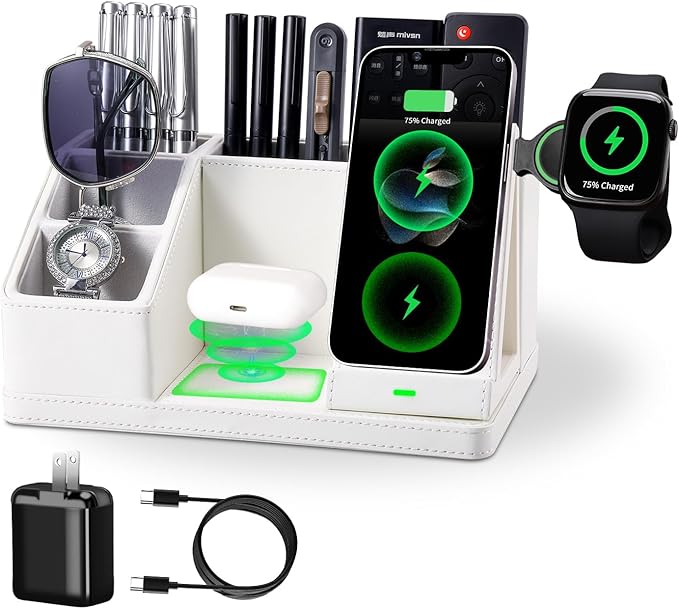 White Leather Desk Organizer with Wireless Charger – 3-in-1 Charging Station for Phone, Watch & Earbuds, 4-Compartment Remote & Office Supplies Caddy for Home Office, Gifts for Women & Men (white)