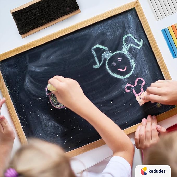 Kedudes Dustless Chalk with Eraser, 24pk - 12 Colored Chalkboard Chalks and 12 White Chalk for Chalkboard and Board Erasers Set - Blackboard Chalks and Eraser with Wooden Handle