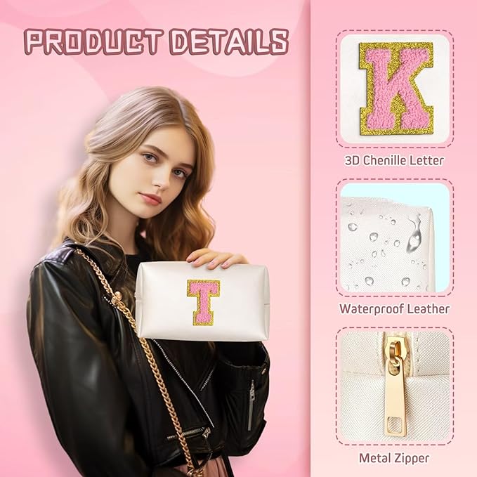 TOPEAST Preppy Makeup Bag, Small Cosmetic Travel Bags for Women, PU Leather Waterproof Toiletry Bag with Zipper, Personalized Birthday Gift for Women Girl, Preppy Gifts for Girl (Pearly White Y)