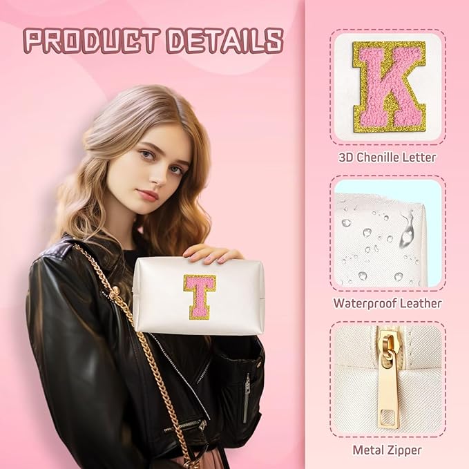 TOPEAST Small Makeup Bag Initial Cosmetic Bag Travel Toiletry Bag, Personalized Birthday Gift for Mom Sister Friends Teacher Nurse, Preppy Travel Stuff for Girls (Pearly White O)