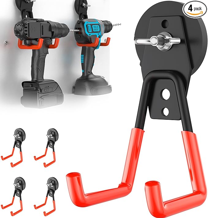4 Pcs Large Strong Magnetic Hooks Heavy Duty Garage Big Magnet Hooks Extra Strength Magnetic Utility Storage Hook Hanger with Anti Slip Coating for Garden Indoor Outdoor Hanging Tools Orange