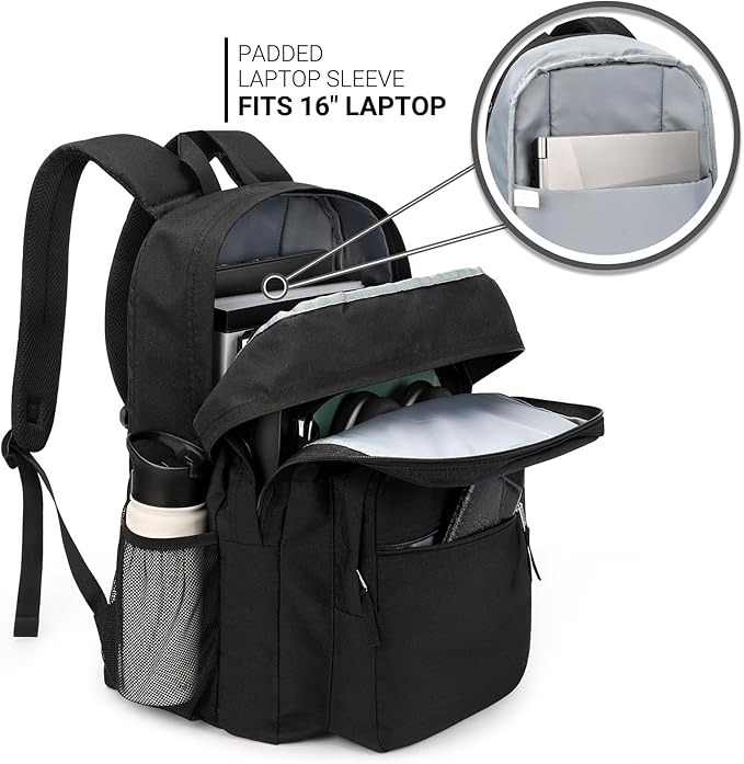 ZORFIN 36L Black Backpack for School, College, and Travel: Water Resistant Bookbag with 8 Compartments
