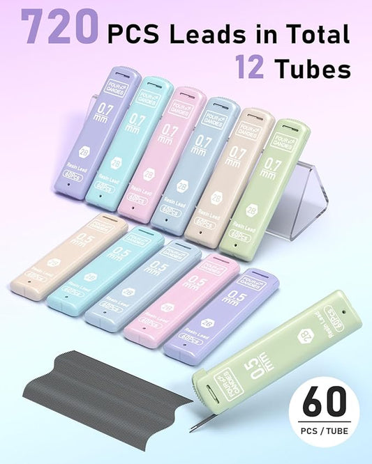 Four Candies 0.5/0.7mm 2B Lead Refills in Case, Pack of 720 PCS Black Break Resistant Mechanical Pencil Refills, 12 Tubes (6 of Each Size), 60 Pieces per Tube