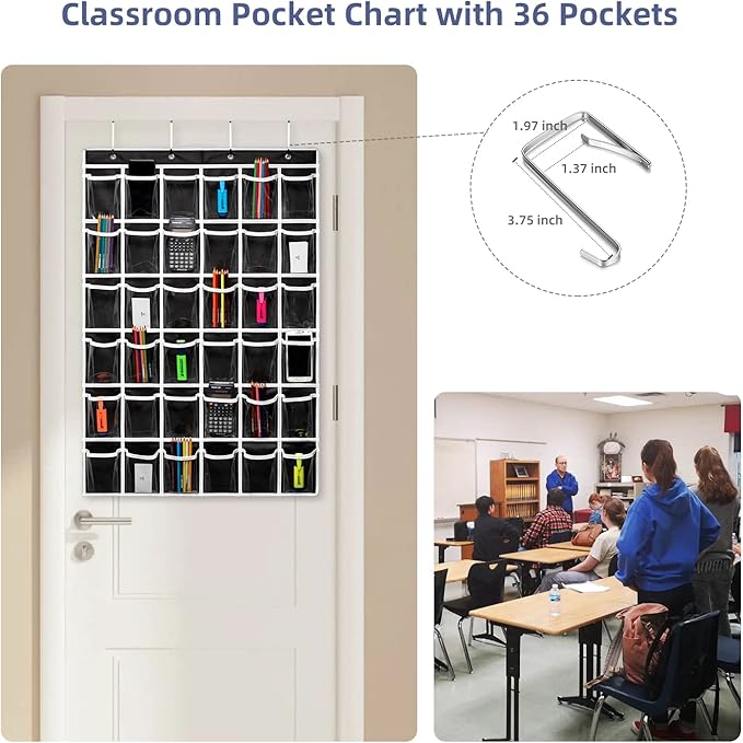 36 Clear Pockets Classroom Pocket Chart for Cell Phones,Pocket Chart Organizer for Calculator Holder with 36 Number Sticker Classroom Hanging Cell Phones Organizer (Black)