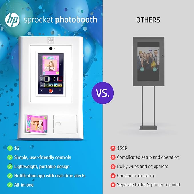 HP Sprocket Photo Booth + 110 3x4 Zink Paper Sheets, Digital Instant Color Photo Printer, 10.1" Touchscreen Photobooth, LED Ring Light, Customize w/ 250+ Frames, Share via QR Code, Mobile App, White
