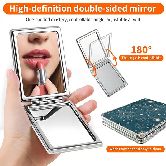 Compact Pocket Mirror, Cute Travel Mini Mirror with Magnification, Foldable Double-Sided Portable Cosmetic Mirror for Men, Women Blue Sun and Moon