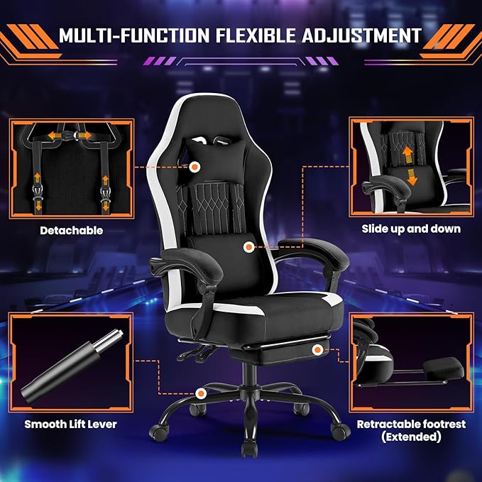 Sweetcrispy Computer Gaming Chair - High Back Ergonomic Desk Chair with Footrest and Lumbar Support, Height Adjustable Task Chair with Linkage Armrests and Headrest, 360° Swivel Wheels, Black