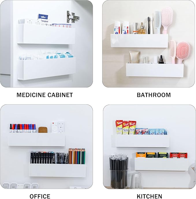 2 Pack Wall Mounted Storage Organizer, Plastic Adhesive Cabinet Door Rack for Kitchen and Bathroom, Under Sink, Vanity, Medicine Supplies, Marker Pen and Pencil Holder, White