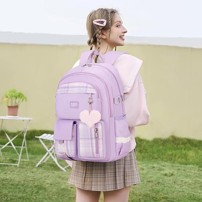 3PCS Backpack For School Women College Middle High Teen Girls Student Bookbag Waterproof Laptop Bag Plaid Purple