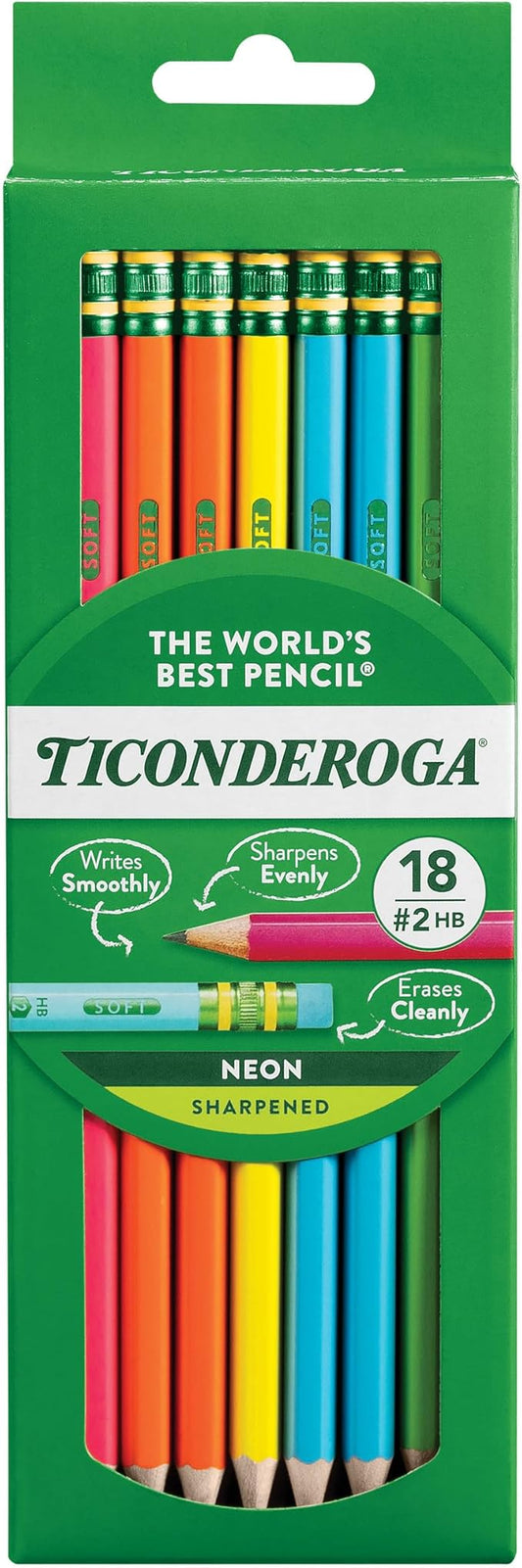 Ticonderoga Wood-Cased Pencils, Pre-Sharpened, #2 HB Soft, Neon Colors, 18 Count
