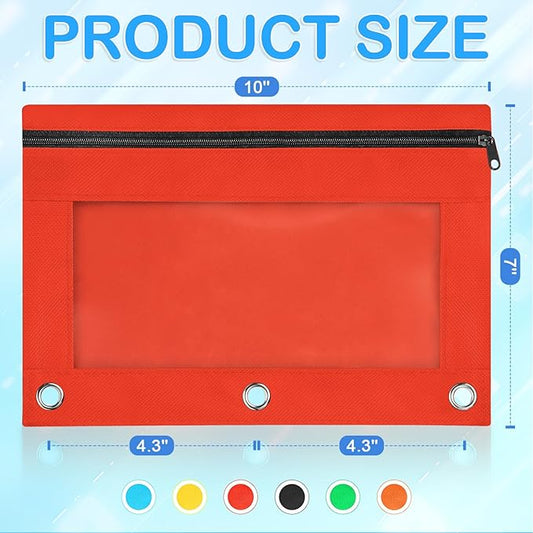 72 PCS Pencil Pouch for 3 Ring Binder, Zipper Pencil Pouch in 6 Colors, Durable 3 Ring Pencil Pouch with Clear Window, Binder Pencil Pouch Bulk for Classroom Office School Supplies