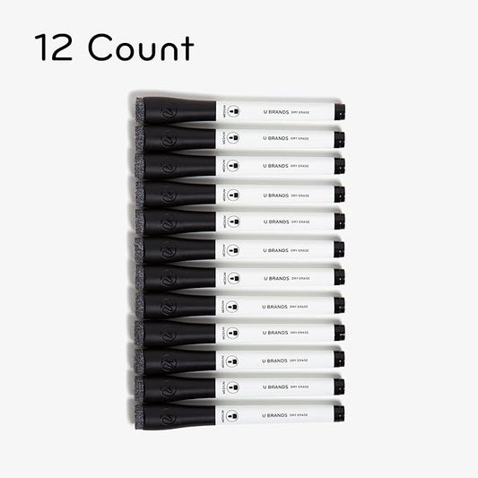 U Brands Fine Tip Dry Erase Markers with Eraser, Whiteboard Markers, Low Odor, Black, Set of 12