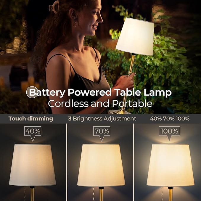 Rechargeable Cordless Table Lamp: Battery Powered Lamp,3 Level Brightness - Bedside Night Lamp, Ambient Light for Restaurant, Home, Bedroom, Dining Room, Camping, Cafe(Brass)