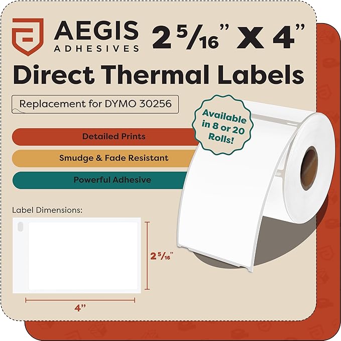 Aegis Adhesives - Compatible Direct Thermal Labels Replacement for DYMO 30256 (2-5/16" X 4") Shipping - Use with Labelwriter 450, 450 Turbo, 4XL Printers (8 Rolls)