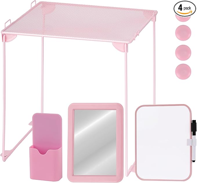Pink Locker Accessories with Locker Shelf, Magnetic Mirror, Pen Holder, Whiteboard, Back to School Essentials Locker Organizer, 9 Piece Locker Decorations for Office School