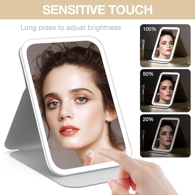 Kintion Travel Makeup Mirror, Portable LED Lighted Makeup Mirror, 360° Rotation Touch Screen Vanity Mirror, 60 LEDs, 3-Color Dimmable Lighting, Rechargeable Tabletop Folding Cosmetic Mirror, White