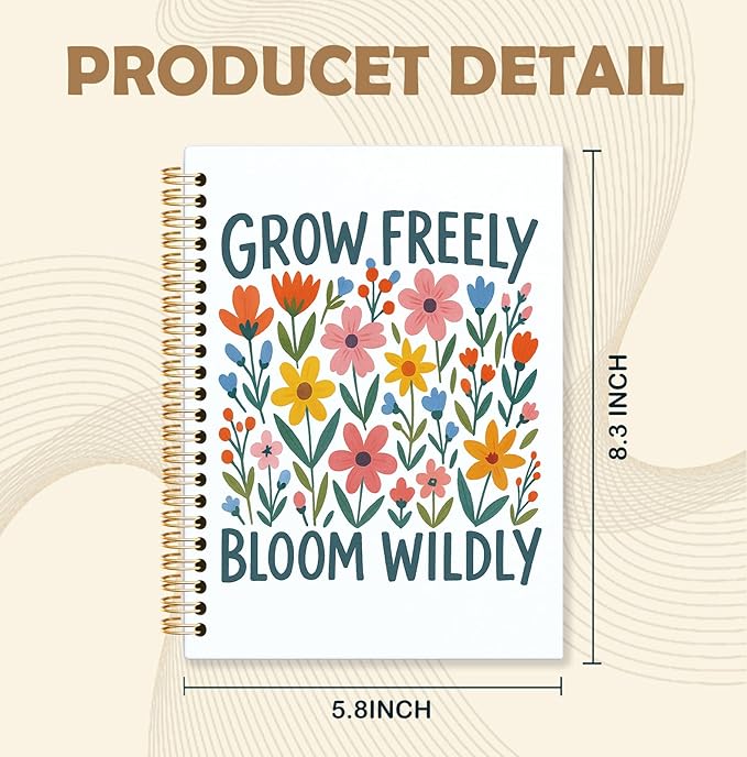 KRHFG Boho Floral Inspirational Spiral Notebook, Inspirational Gifts for Women Journal, Grow Freely Bloom Wildly Floral Motivational Therapy Notebooks, Boho Office Supplies, 5.5x8.3 Inch