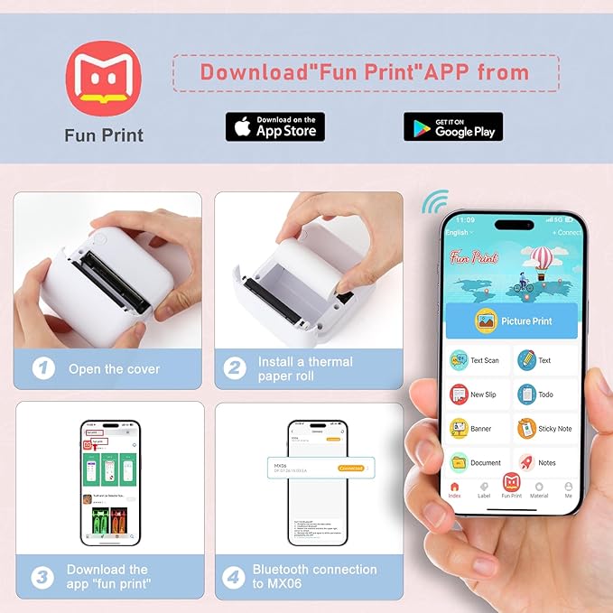 Mini Pocket Bluetooth Printer-Portable Thermal Printer with 10 Roll Papers for Journal/DIY Scrapbook/Travel/Notes/Lists/Label/Memo, Receipt Printer for Children Women Gifts Kids Christmas