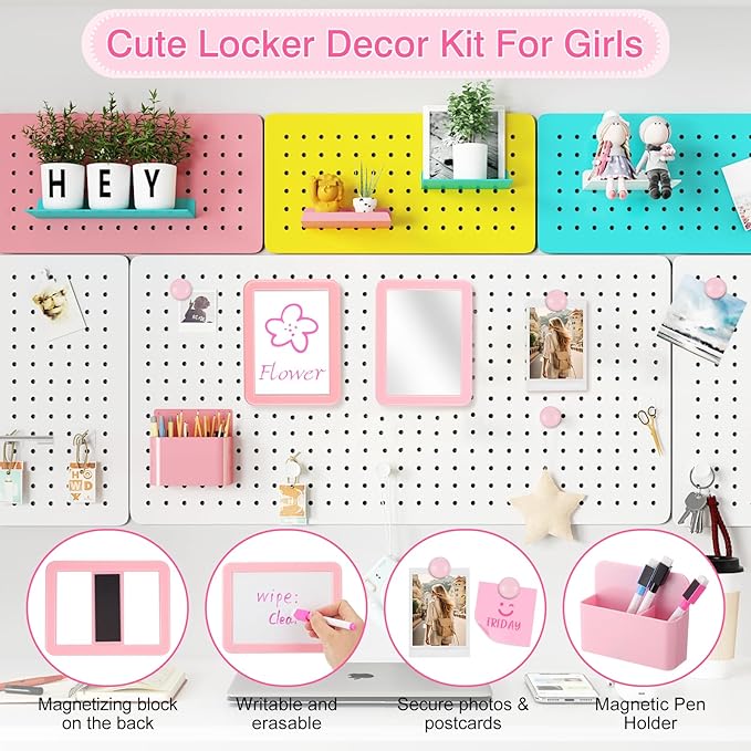 Pink locker accessories kit, locker decorations for girls, cute locker set includes locker shelf, magnetic locker mirror and whiteboard, pen holder, markers and magnets