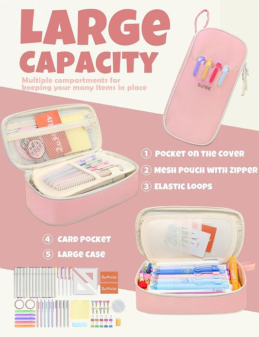 SUNEE Large Pencil Case, Cute Pen Pouch, Aesthetic Zipper Stationery Bag Large Capacity Kawaii Pen Organizer, Pink, Bag Organiser