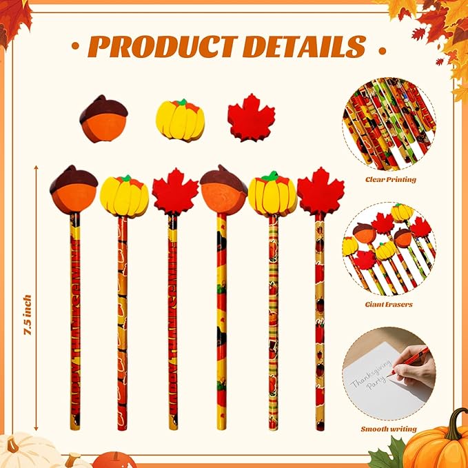 Fall Pencils Thanksgiving Pencil Halloween Pencils with Giant Maple Leaves Pumpkins Scarecrow Eraser Fall Stationery Pencil for Thanksgiving Party Favor(24)