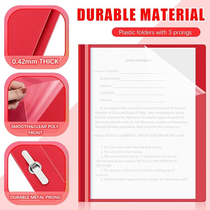 Teling 48 Pcs Clear Front Report Covers with Prongs Plastic Presentation Folders 3 Prong Resume Portfolio Folder for School(Red)