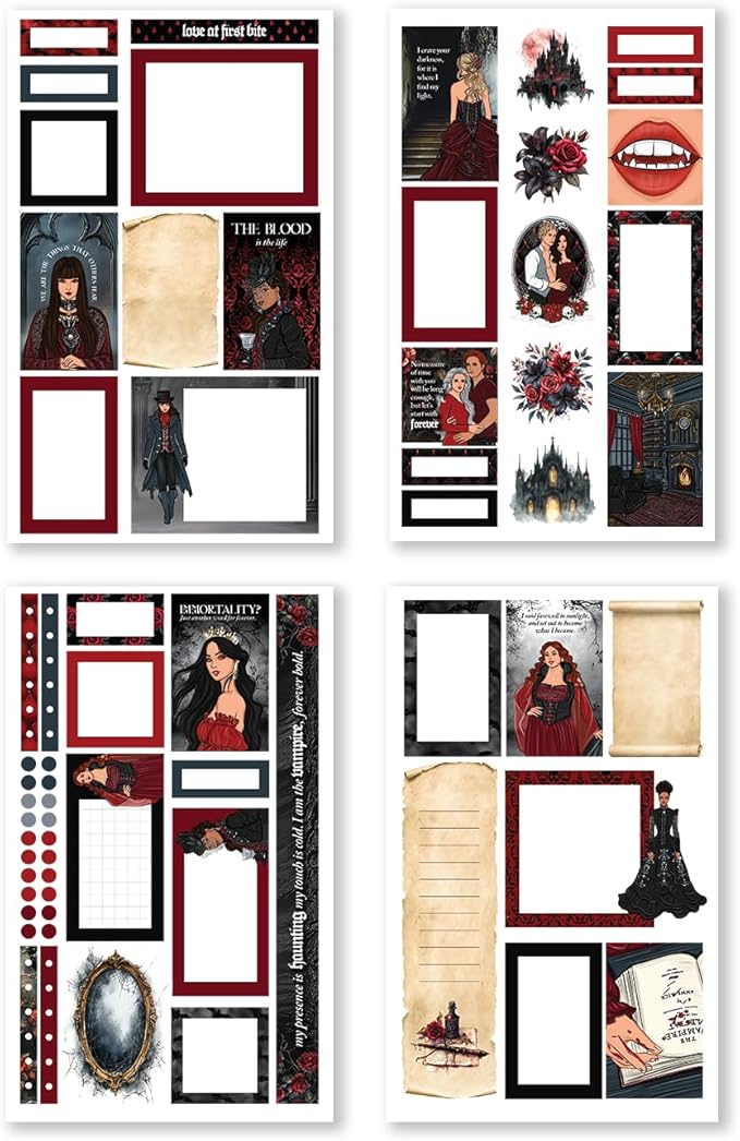 Rongrong Dark Hearts Halloween Planner Sticker Book – 24 Pages of Gothic, Vampire-Inspired Stickers – Perfect for Journals, Scrapbooks, Dark Academia & Spooky October Planner Spreads