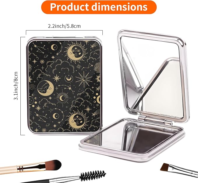 Compact Pocket Mirror, Cute Travel Mini Mirror with Magnification, Foldable Double-Sided Portable Cosmetic Mirror for Men, Women Sun and Moon