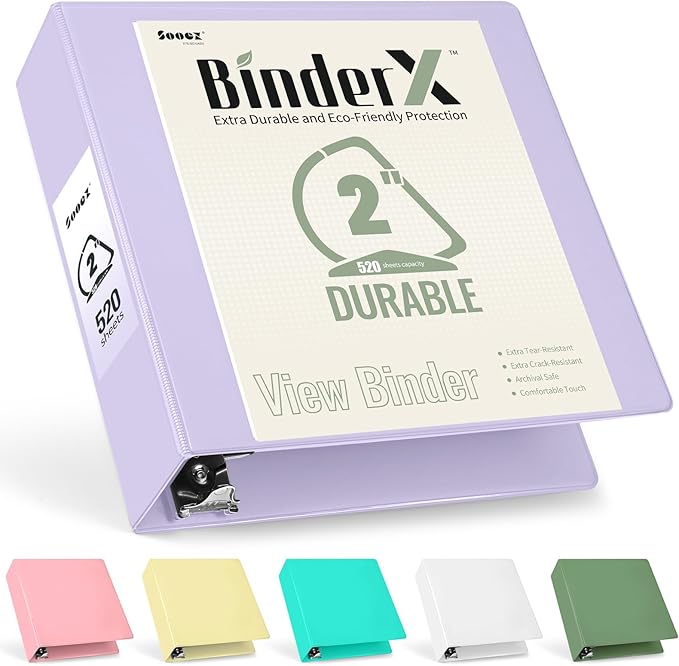 Sooez BinderX Extra Durable 2 Inch 3-Ring Binder, Holds 520 Sheets of 8.5x11 Paper, Customizable View Cover with Inside Pockets, Heavy Duty Binder for School, Lavender