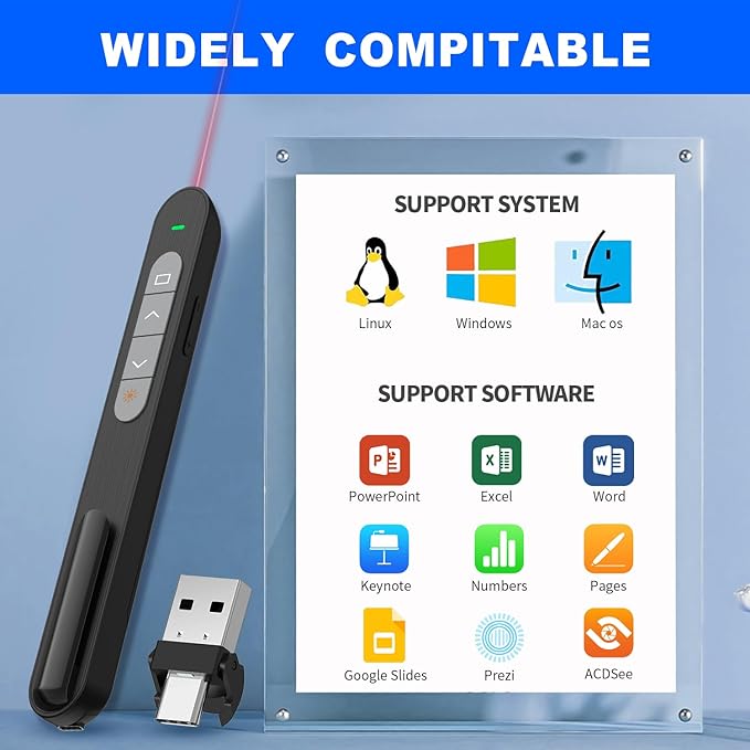 QUI Presentation Clicker for PowerPoint, RF 2.4GHz USB C Wireless Presenter Remote with Volume Control, PowerPoint Clicker Slide Advancer for Mac, Windows, Laptop, Keynote