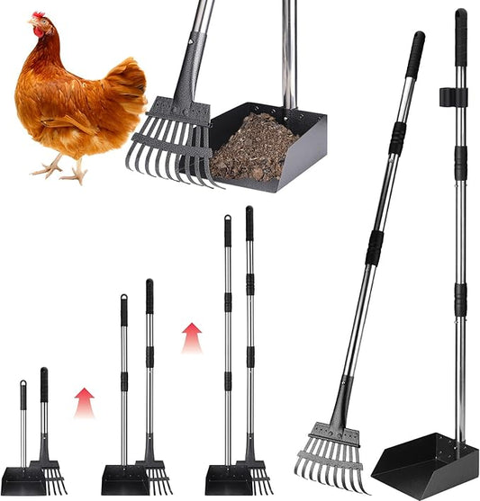BABORUI Metal Chicken Poop Scooper Kit – Adjustable Height 15"-38", Heavy-Duty Rake & Shovel Set for Chicken Coop Cleaning, Detachable Stainless Steel Poop Shovel for Chicken Coop Accessories