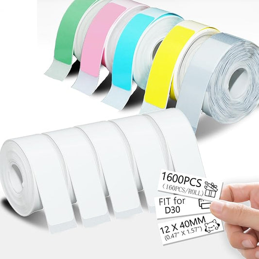 960 Pcs Colorful D30 Label Tape, D30 Label Maker Tape, Smart Mini Label Maker Refill D30, Thermal Printer Paper, Self-Adhesive Sticker Replacement,12x40mm,160 Labels/Roll, 10 Rolls