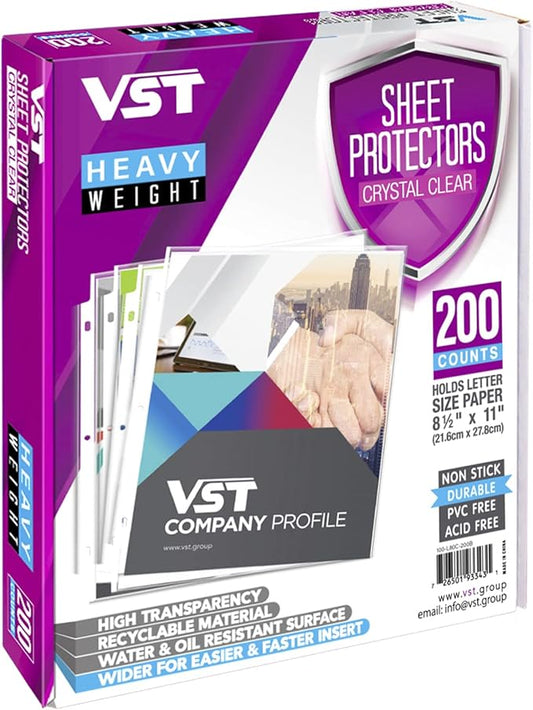 VST Heavy Duty Sheet Protectors 8.5 x 11 in for 3 Ring Binder, 3 Mil Crystal Clear Page Protectors, Plastic Sleeves for Binders, Top Loading Paper Protector Letter Size,200 Sheets
