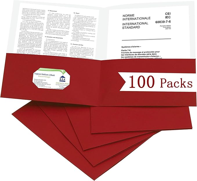 Zzrywuty 100 Packs Paper Folders with Pockets for Students,Businessmen and Office Workers,Letter Size,Two Pocket Folders with Card Slot for Office,Business,School Supplies (Red)