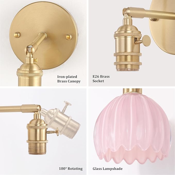 Vintage 5000 mAh Battery Operated Wall Sconce with Pink Tulip Glass Lampshade Rechargeable Battery Powered Wall Light with Remote Control for Bedroom Doorway, Set of 2