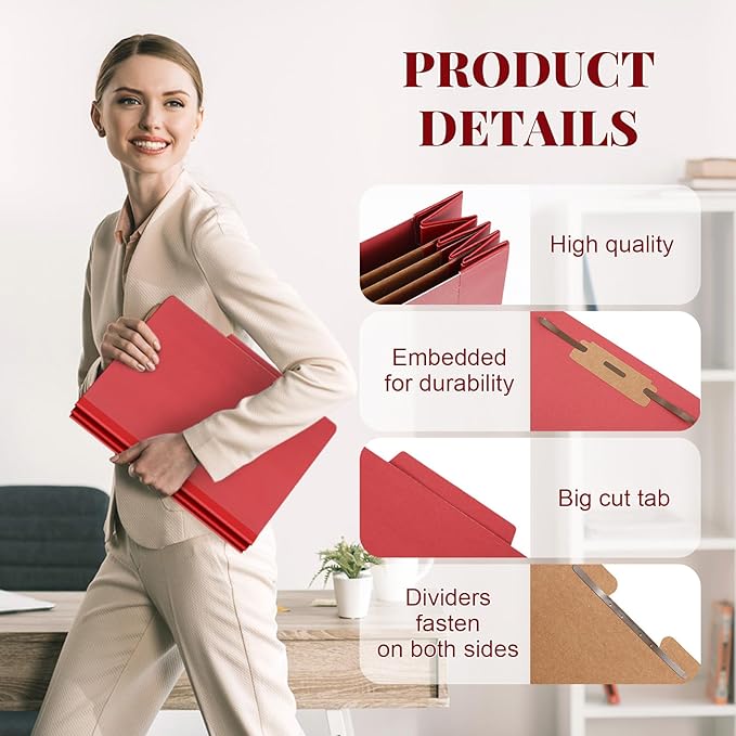 60 Pcs Classification Folders Letter Size, 3 Divider Pressboard File Folder with Fasteners, Expanding File Organizer Bulk for Teachers, Clergy, Office, Church, Christmas Donations (Red)