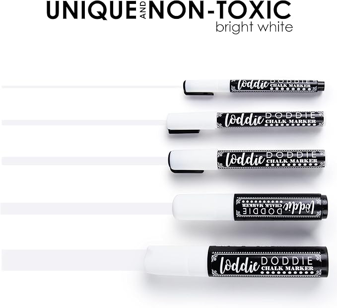 Loddie Doddie Erasable White Chalk Markers for Signs, Blackboard, Glass - Ultra Fine, Medium, Broad Tips (1mm, 3mm, 6mm, 10mm, 15mm) - Liquid Chalk Markers - Pack of 5