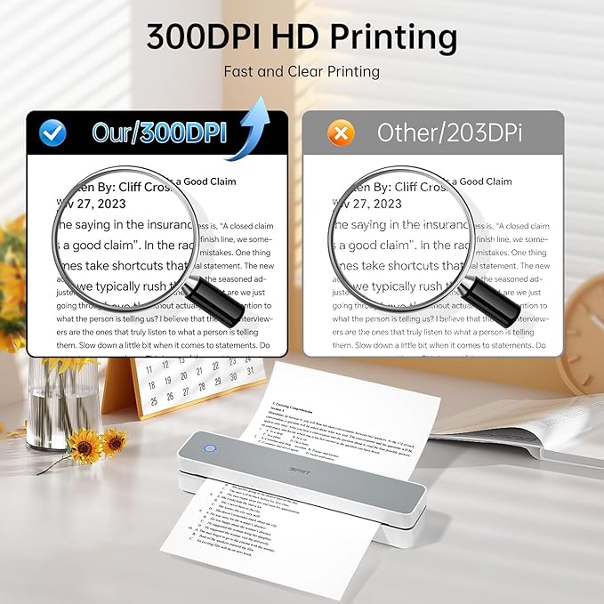 iDPRT Portable Thermal Printers Small Compact Inkless Wireless Printer for Home, Office & Vehicles, 300DPI, Support 8.5" x 11" Length US Letter A4&A5 Size, for Smartphone, PC, Black White Printing