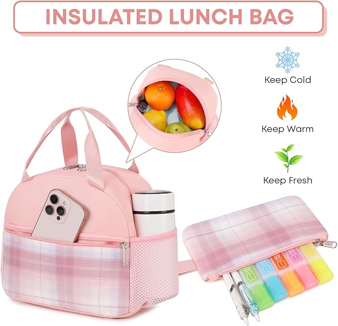 3PCS School Backpack For Student Women College Middle High Teen Girls Bookbag Waterproof Laptop Bag Plaid Pink
