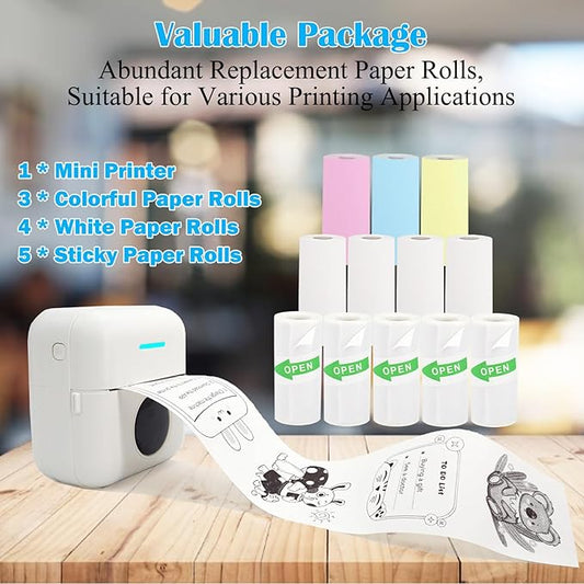 Mini Portable Printer, Inkless Sticker Printer with 12 Rolls Paper, Thermal for Notes/Photos/Stickers/Labels/Receipts, Compatible with iPhone, Android Phone & Tablet, White