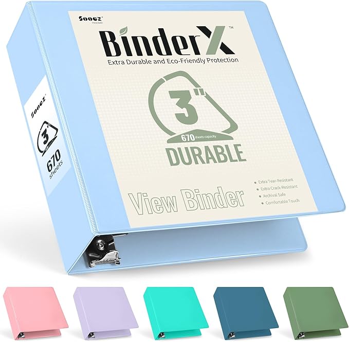 Sooez BinderX Extra Durable 3 Ring Binder, Holds 670 Sheets of 8.5x11 Paper, Customizable View Cover with Inside Pocket, Heavy Duty Binder for School, Light Blue