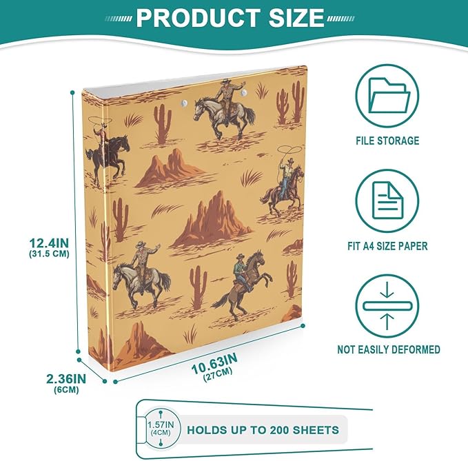 Cowboys Western Decorative 3 Ring Binder 1.5 Inch Large View Binders with Pockets File Organizer for Office College School, 2 Pack