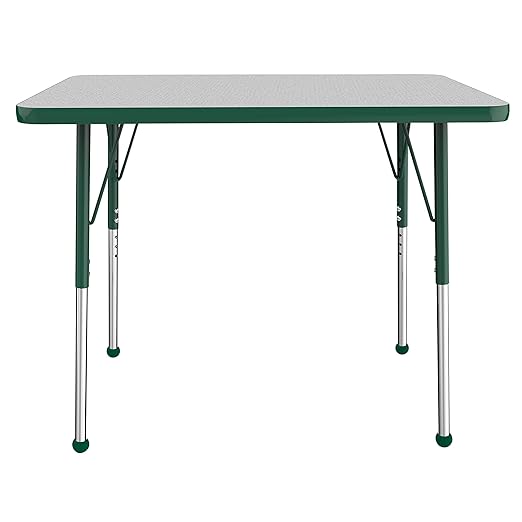 Factory Direct Partners FDP Rectangle Activity School and Office Table (24 x 36 inch), Standard Legs with Ball Glides, Adjustable Height 19-30 inches - Gray Top and Green Edge