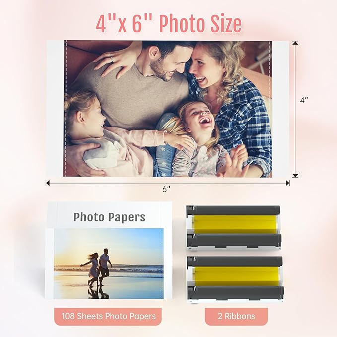 HPRT 4"X 6" Photo Paper 108 Sheets and Two Ribbons，Designed for CP4100/CP4000L Photo Printer