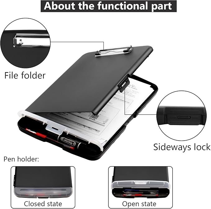 Clipboard with Storage,A4 Binder Clipboards with Pen Holder,Heavy Duty Plastic Storage Clipboard with Low Profile Clip,Nursing Clipboards Folder Side-Opening,Smooth Writing Clip Board for Office-Black