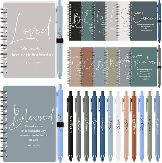 Kosiz 12 Sets Inspirational Christian Gifts Bulk Christian Notebooks Prayer Journals with Pens Spiral Bible Journals Religious Gifts for Church Grandparent Pastors Day Sunday School (Boho Color)