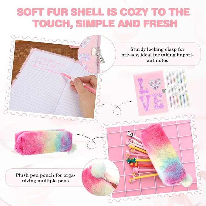 abcGoodefg 25 PCS Pink School Locker Accessories Kit for Girls with Locker Shelf Include Magnetic Mirror and Whiteboard Pen Holder Marker Rug Magnets Fur Pencil Bag and Secret Notebook