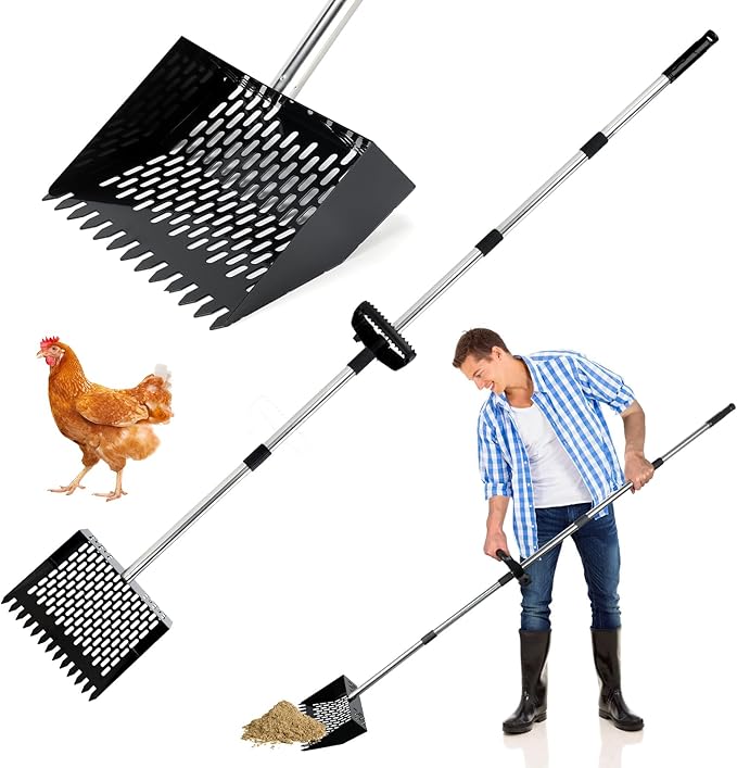 Rypet Chicken Poop Scooper & Rake 2-in-1 with Grip, 10 inches Metal Chicken Coop Scooper with Adjustable Stainless Steel Handle (36" to 74"), Sand Sifting Litter Shovel for Chicken Coops Farm Animal